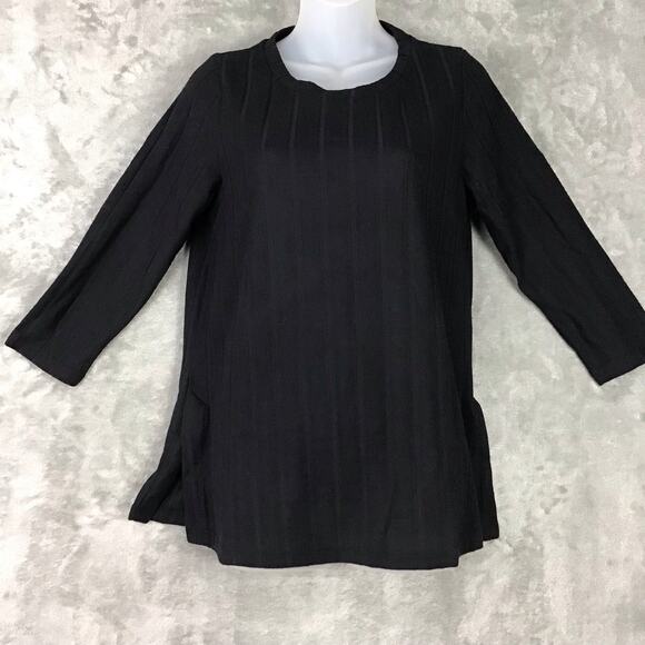 Bobeau Women's Medium Black Wide Rib Knit Top Crew Neck 3/4 Sleeve Side Slit - Picture 9 of 10